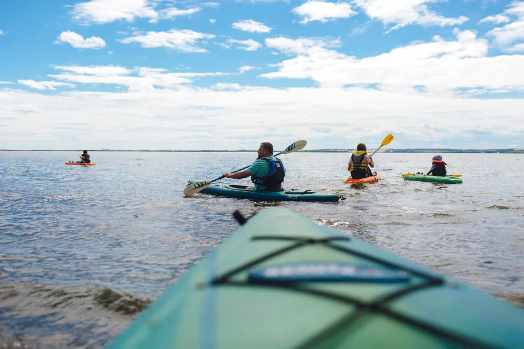 group of kayakers on lake